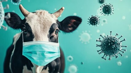 A cow is donning a protective mask as virus particles float around, symbolizing health awareness, risk of infection and diseases