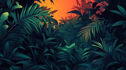 A vibrant sunset shines through dense green foliage in a tropical jungle.
