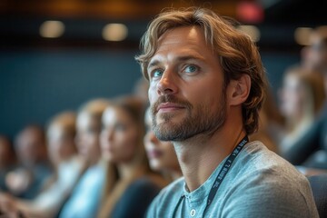 an engaged audience in an adult seminar attentively listening to a speaker in a professional setting capturing the essence of learning and collaboration within a business environment