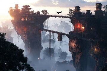 Two Floating Towers Connected by a Bridge in a Misty Landscape