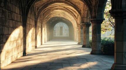 A serene stone corridor with arches, softly illuminated by morning light, creating a peaceful and inviting atmosphere.
