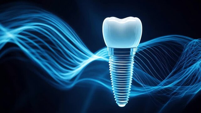A dental implant with a realistic tooth design is illuminated by blue waves against a dark backdrop, emphasizing its advanced features
