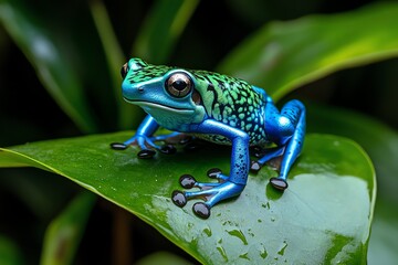 A vibrant poison dart frog resting on a tropical leaf, its electric blue and green body contrasting with the rich greenery of the rainforest.