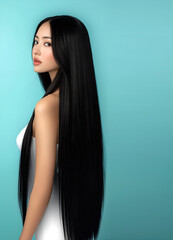 Naklejka premium Fashion editorial Concept. Beautiful asian chinese woman with long straight black hair extension looking turning back. advertisement for makeup, spa, facial, salon. copy text space