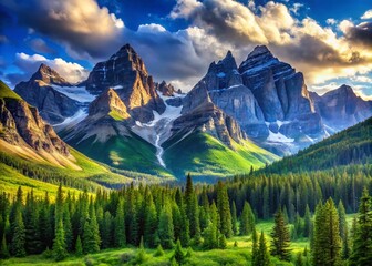 Stunning Rocky Mountains Wallpaper Featuring Majestic Peaks and Lush Green Valleys Under Blue Sky