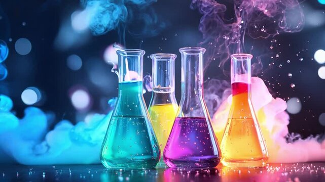 Brightly colored liquids in glass beakers bubble and steam in a laboratory, showcasing a vibrant chemistry experiment at night