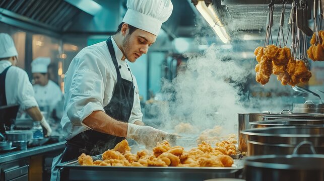 A skilled chef prepares crispy fried chicken in a bustling kitchen, showcasing culinary expertise and vibrant cooking atmosphere.