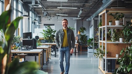 Fototapeta premium A smiling man walks confidently through a modern office filled with greenery, creating a vibrant and inviting workspace.