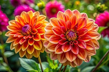 Breathtaking close-up of two stunning flowers flourishing in a garden, illuminated by gentle, natural light, creating a serene and vibrant atmosphere. Nature's beauty at its finest.