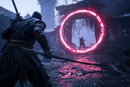 A lone samurai facing a red glowing ring portal in a desolate, rainy landscape