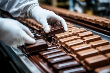 Worker holding dark milk chocolate bar in factory over production line, close-up