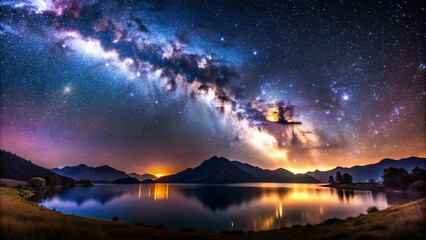 Stunning View of the Milky Way Galaxy Over a Serene Landscape at Night with Stars and Nebulae
