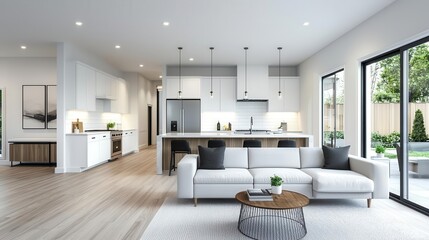 Fototapeta premium Living Room and Kitchen in New Luxury Home Features Open Concept Floor Plan