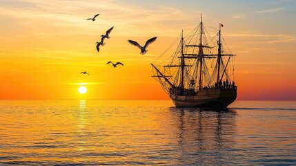 Obraz premium A stunning ship sailing at sunset, surrounded by flying birds, reflecting calm waters. Perfect for travel and adventure themes.