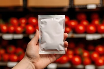 Hand holding tomato plastic package with blank label  packaging food freshness container.