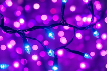 A purple and blue string of lights with a blurry background. The lights are twinkling and creating a festive atmosphere