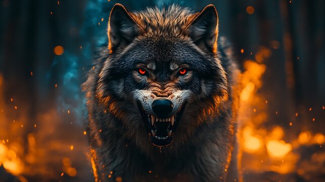A fierce wolf with glowing red eyes stands in a fiery forest, snarling and ready to pounce.