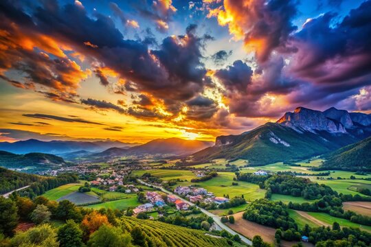 Stunning Zagon Landscape at Dusk with Vibrant Colors and Dramatic Sky Above Serene Mountains