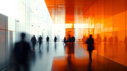 A blurry photograph of people walking in an office building with glass walls and an orange interior design, creating light-filled rooms