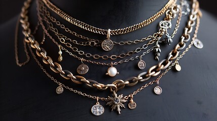 A layered necklace with delicate chains and charms