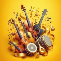 Naklejka premium Celebrate the harmony of music with a vibrant collection of instruments against a bright backdrop, perfect for music-related projects and promotional materials.
