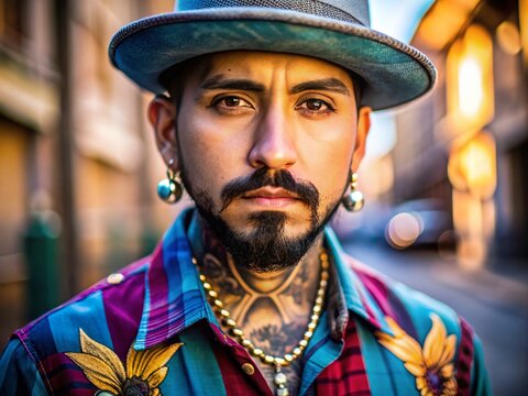 Stylish Cholo Fashion Portrait with Distinctive Attire and Accessories Showcasing Urban Culture