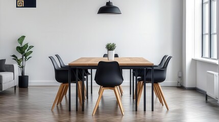 Open-concept dining area with a modern wooden table, sleek black chairs, and an artistic centerpiece, seamlessly blending into a chic living room setting Generative AI