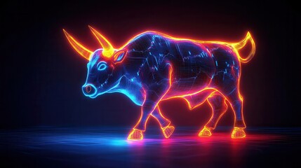 Fototapeta premium A vibrant neon bull illustration, merging technology with art in a captivating digital environment.