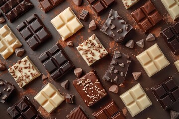 Assorted chocolates on brown background. Pieces of dark, milk and white chocolate close-up....