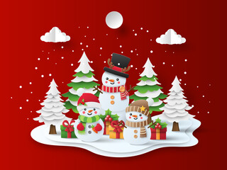 Merry Christmas and Happy New Year, Christmas postcard of Cute snowman with Christmas tree and gift.