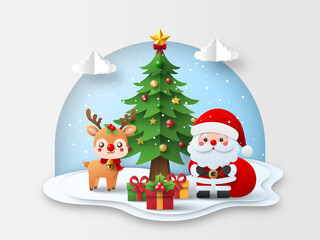 Merry Christmas and Happy New Year, Christmas banner postcard of Santa Claus and reindeer with Christmas tree and gift.