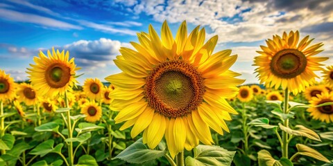 Obraz premium Bright, cheerful clip art features sunflowers with striking yellow petals and lush green leaves, radiating positivity and joy, ideal for enhancing a variety of creative projects.