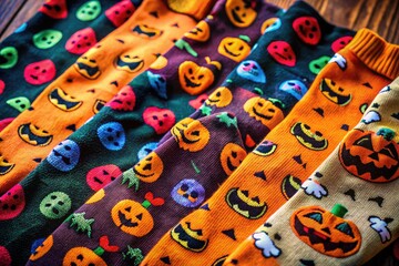 Fototapeta premium Bright Halloween sock illustrations featuring spooky motifs and fun styles, ideal for enhancing seasonal crafts and festive decorations during the Halloween season.