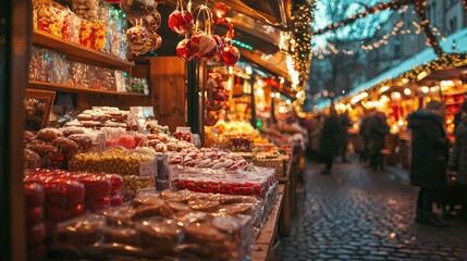 Fototapeta premium A vibrant holiday market scene filled with festive treats, colorful decorations, and the warmth of holiday lights.
