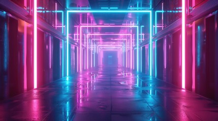 A futuristic hallway illuminated by vibrant neon lights in pink and blue bacground space, creating a sleek and glowing atmosphere.