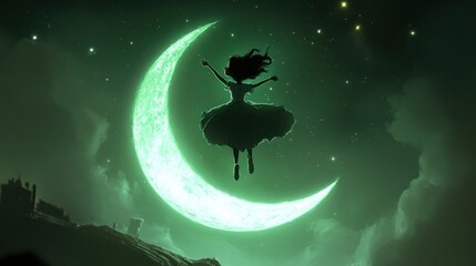 Naklejka premium A silhouette of a girl dancing joyfully in front of a large glowing crescent moon.