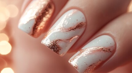 A detailed close-up of nails with white marble effect and rose gold accents, subtle veins of metallic pink winding through the marble texture. The nails shine under soft lighting,