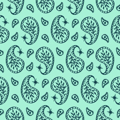 Seamless pattern with monochrome paisley motifs. Teal boho background. Indian traditional design.