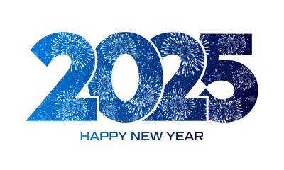 Happy New Year 2025 text design. Firework and snowfall. Vector illustration.
