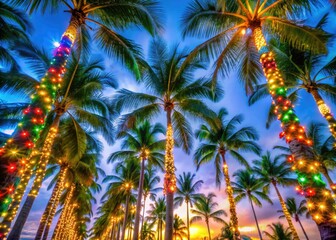 Brightly illuminated palm trees bring holiday cheer to this tropical setting, as colorful Christmas lights create a magical atmosphere perfect for celebrating the festive season.