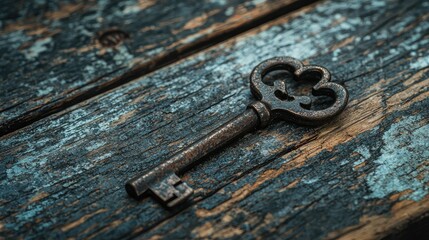 A vintage key resting on a rustic wooden surface, showcasing intricate designs and aged charm, perfect for heritage-themed projects.