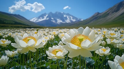 White lotus flowers blooming in a field with snow capped mountains in the background.