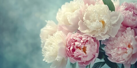 A delicate bouquet of pink and white peonies with a soft blue background.