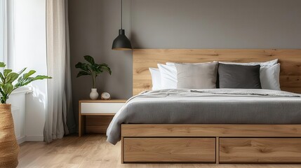 Close up shot of a drawer under a modern bed in a small bedroom