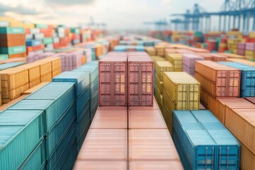 Fototapeta premium A vibrant scene of colorful shipping containers stacked in a port, showcasing global trade and logistics in action.