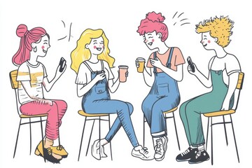 A group of friends gathered around, drinking coffee, laughing and chatting with a white background Generative AI