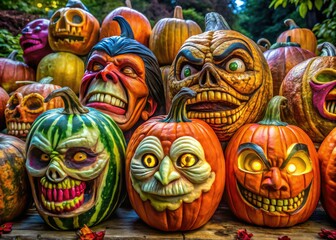 Fototapeta premium Bring Halloween to life by decorating pumpkins with fun, scary faces, creating vibrant autumn decor that enhances your festive spirit and delights all ages.