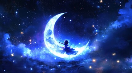 Fototapeta premium A serene scene depicting a figure sitting on a crescent moon amidst a starry night sky.