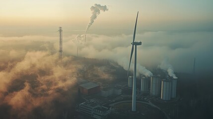 Aerial view of wind turbine and industrial plant surrounded by fog, showcasing energy production and environmental impact.