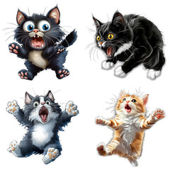 sticker set frightened or angry cartoon cats on a transparent background.